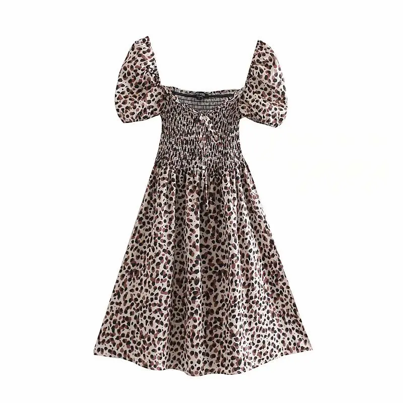 

Europe And America New Style 2019 Summer New Style French Leopord Pattern Puff Sleeve Elegant Square Collar Waist Hugging Retro