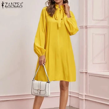 

2020 Fashion ZANZEA Women Long Shirts Dress Sexy Mini Vestidos Ladies Ruffles Neck Solid Short Dresses Party Sundress Robe Femme