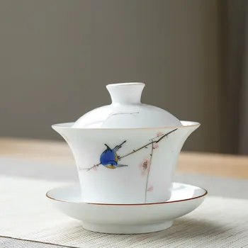 

Hand-painted Ceramic Special Small Cover Bowl Three Bowls White Porcelain Small Teacup Teapot Kung Fu Tea Ceremony Tea Set