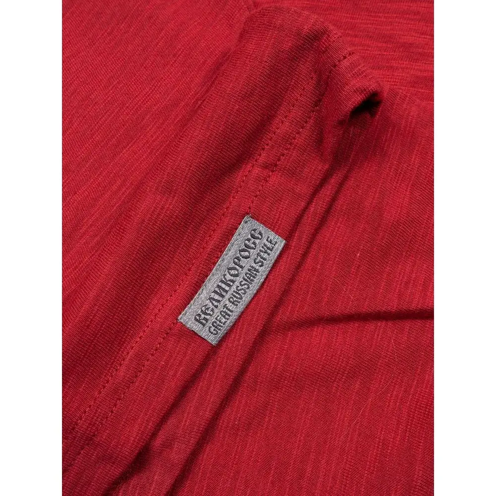 Лонгслив Великоросс однотонный красного цвета V образный ворот фламированная