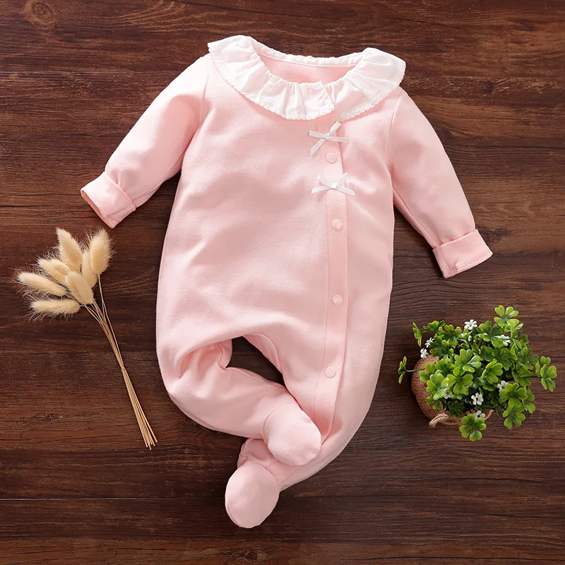 

Spring And Autumn New Style Baby Girls Long Climbing Clothes Newborns Pure Cotton Lace Collar Cute Thin Drawstring Printed Foot-