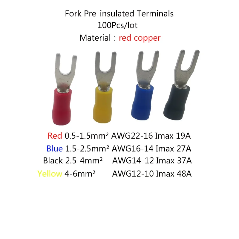 

100pcs Fork Pre-insulated Terminals Fork type Cold pressed terminal 0.5-1.5mm² 1.5-2.5mm² 2.5-4mm² 4-6mm² Red copper Crimping
