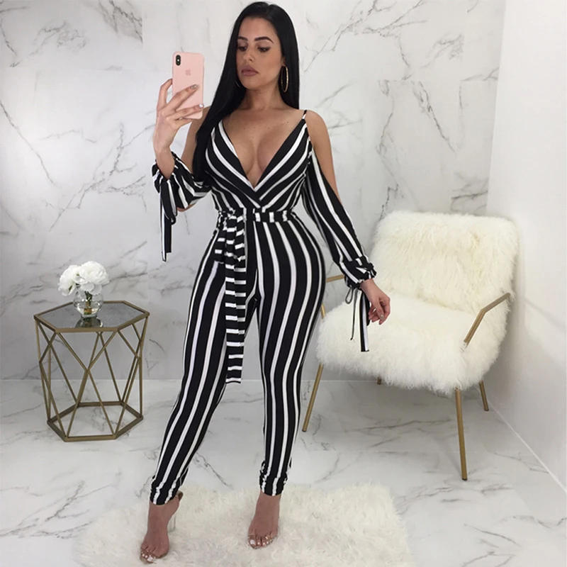 Elegante a rayas Sexy con tirantes finos para mujer, mono con cuello de pico profundo, mono de manga larga con lazo sin espalda, monos ajustados informales