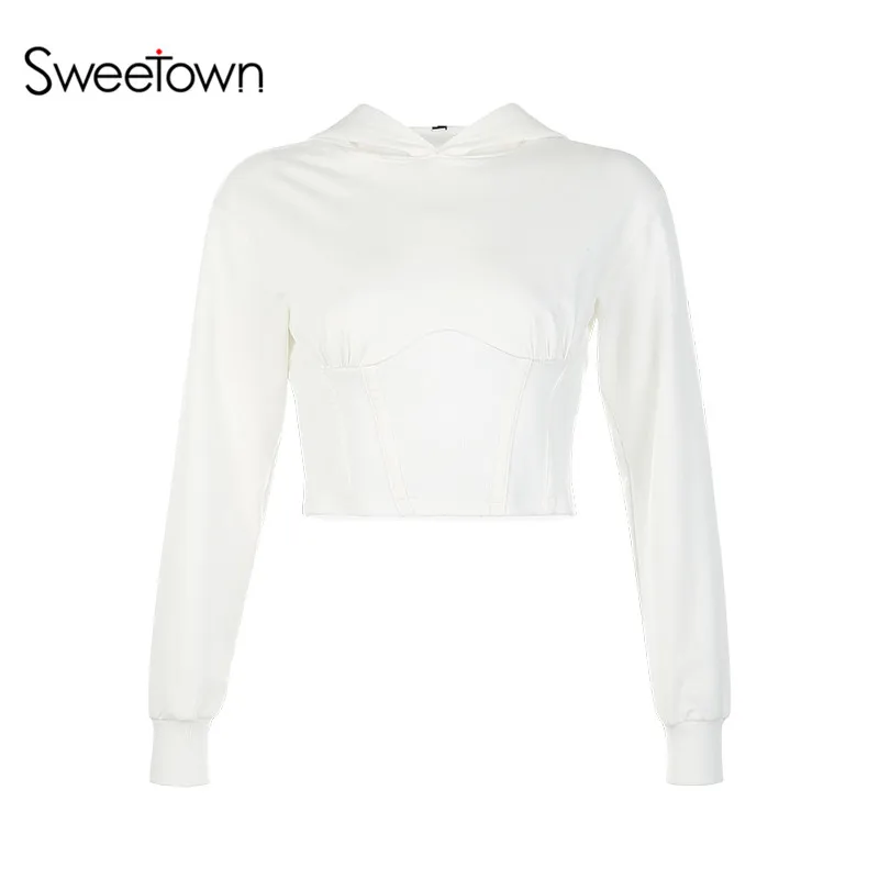 white Sweetown Осенняя мода белая однотонная уличная толстовка женская Повседневная укороченный Топ с длинным рукавом Готическая Толстовка кофты зима новинка - Цвет: white
