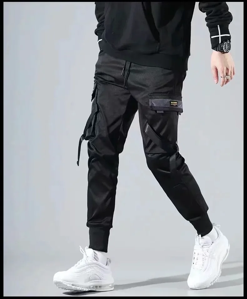 2022 Streetwear Men Ribbons Pants Homme Black Pockets Man Cargo Pants Harem Joggers Harajuku Sweatpant Hip Hop Trousers elephant trousers