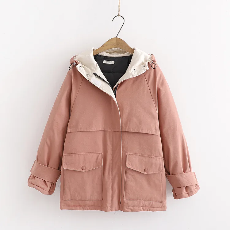 Harajuku Autumn winter women's clothing Coat Parkas casual loose Hooded Solid color Big pocket Thick Warm Outwear