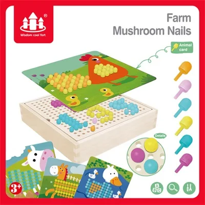 Farm 240 шт 3D Грибная цветная кнопка для ногтей деревянная коробка для хранения мозаичная доска для ногтей diy головоломка игра для детей DIY Развивающие игрушки - Цвет: Farm