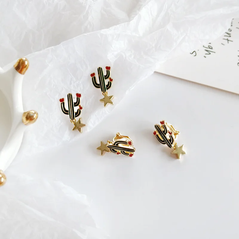 Star Pendant Cactus Cute No Hole Earring Korean Fashion Sweet Earrings for Women 925 Silver Needle