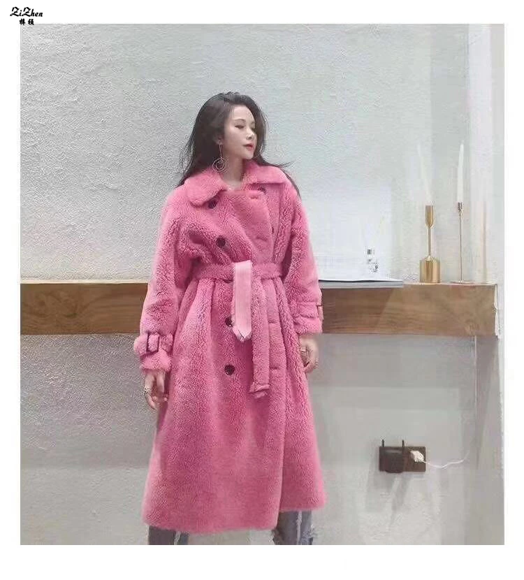 

ZiZhen 100% Wool Long Solid Overcoat With Belt Warm Thick Sheep Shearing Fur DM190920-1