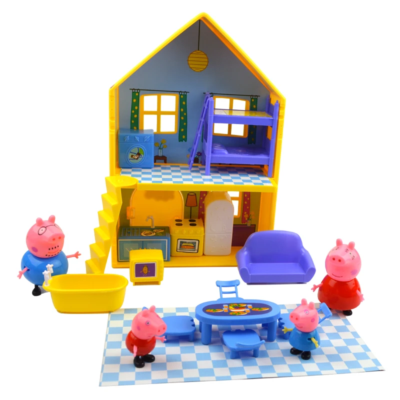 Home And 4 Figures Оригинальная игрушка Peppa, Свинка Джордж, фигурки, кукла Peppa, друзья, любовь, обучение, классная сцена, развивающие игрушки, Детский Рождественский подарок - Цвет: Home And 4 Figures