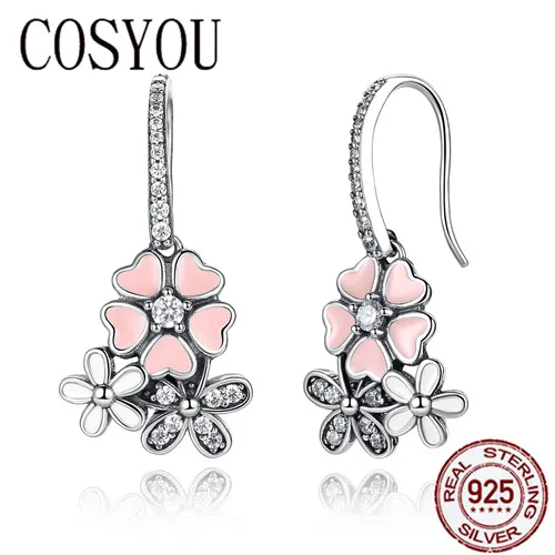 

COSYOU 2019 100% 925 Sterling Silver Pink Flower Poetic Daisy Cherry Blossom Drop Earrings with Pearl Back Jewelry SCE016
