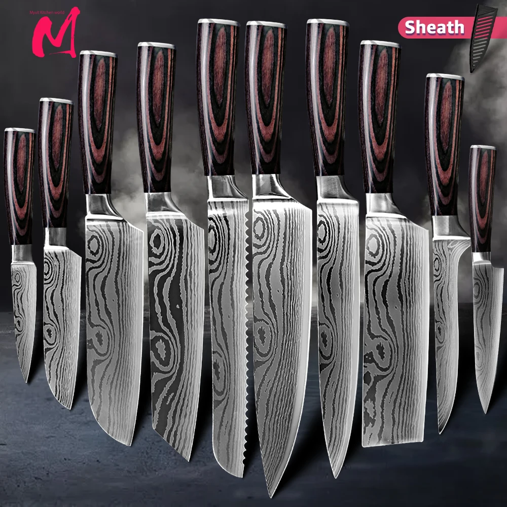 Кухонные ножи 1-9 шт. 7CR17 высокоуглеродистая Нержавеющая сталь дамасский рисунок