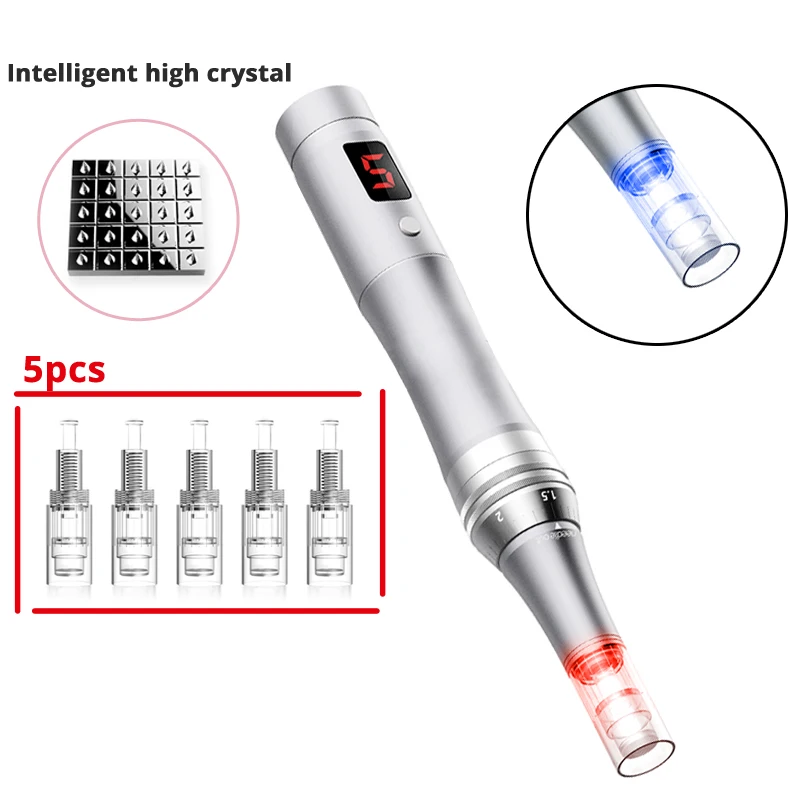 high crystal 5pcs DARSONVAL usb зарядка Серебряная ручка 2 цвета Led для лица Интеллектуальный Кристалл картридж винт dr Micro Needling тату-машина ручка - Цвет: high crystal 5pcs
