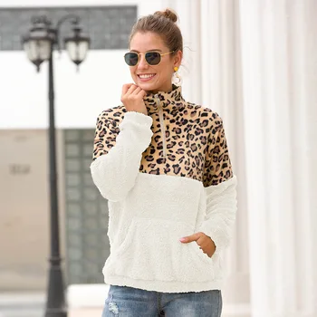 

Casual Faux Fur Sweatshirt Women Autumn Winter Leopard Patchwork Turtleneck Zipper Warm Hoodies Sweatshirt Pullover Moletom XXL