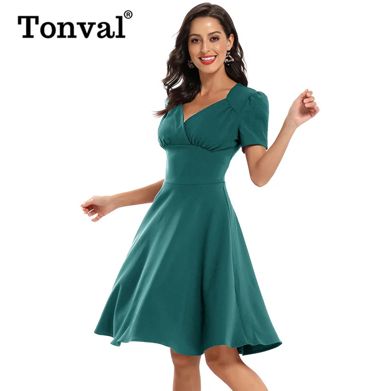 Tonval, однотонное платье с высокой талией, с рюшами, с v-образным вырезом, 1950 S, винтажное платье, свободное платье, весна-лето, женское ТРАПЕЦИЕВИДНОЕ ПЛАТЬЕ средней длины в стиле ретро