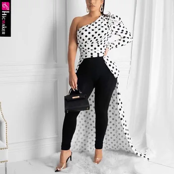 

Women Plus Size Porka Dot Printed Long Sleeve One Shoulder Blouse Chic Spring Fall Elegant Top Shirts