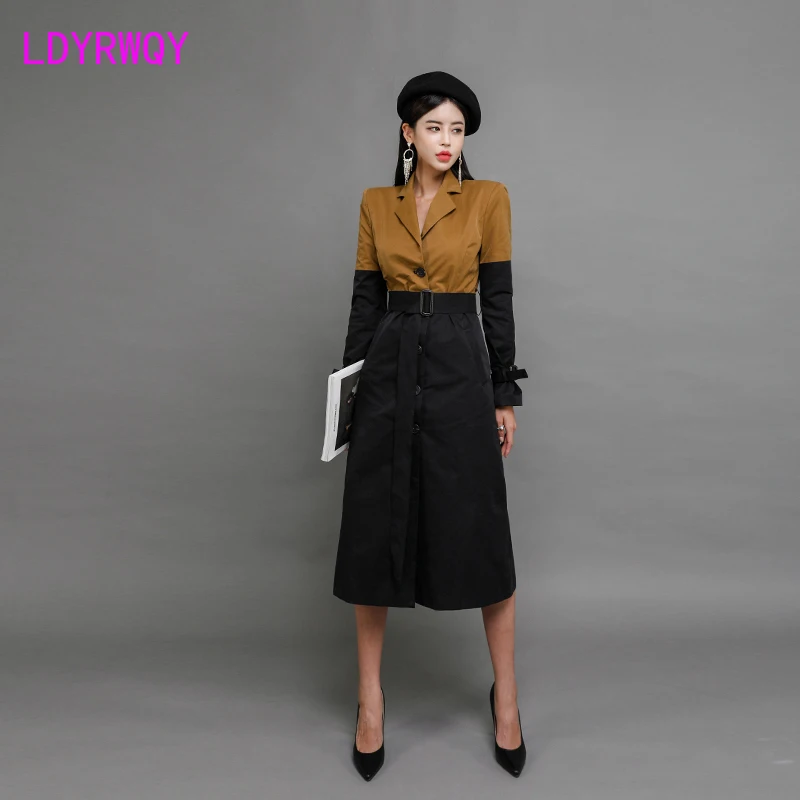 

2019 Korean version of OL temperament new winter long suit collar with color belt windbreaker Button Turn-down Collar