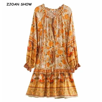 

2020 Bohemia Women Orange Floral Print Dress Holiday Bell Tassel Bandage Lacing up Waist Long Sleeve Short Dresses Holiday