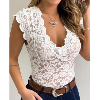 

2020 New Fashion Women Summer Sheer Mesh Lace Sleeveless Blouse