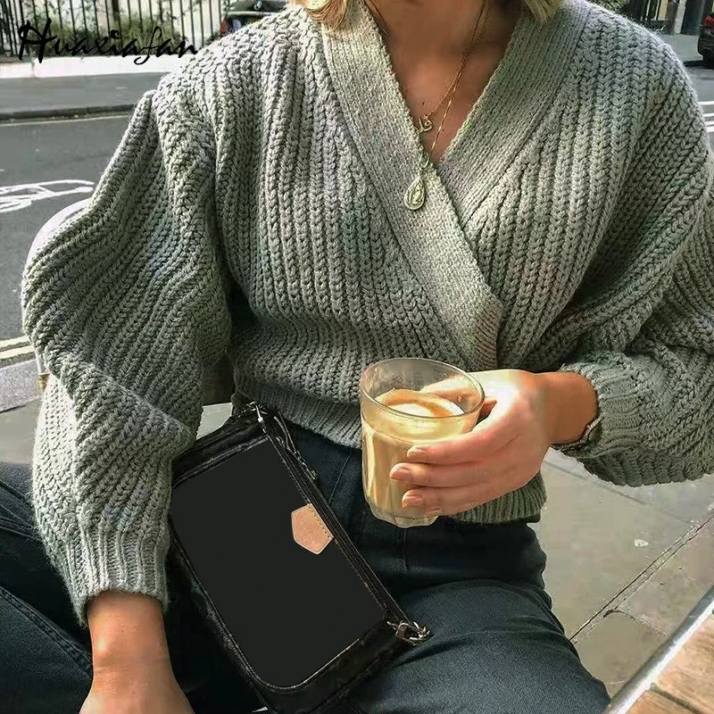 Huaxiafan cardigans solid belt sweaters women autumn outwear casual tops elegant V neck puff sleeves vintage warm cardigans new