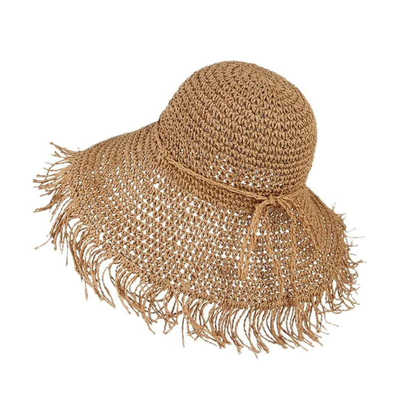 Соломенная шляпа с бахромой, с бантом, широкая трава, женская летняя шляпа, пляжный козырек, Открытый Отдых, пляжная шляпа от солнца, складная - Цвет: Brown