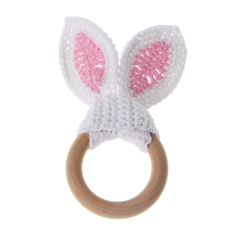 Baby Girl Boy Teething Ring Chewable Teether Wooden Natural Bunny Rattle Toy