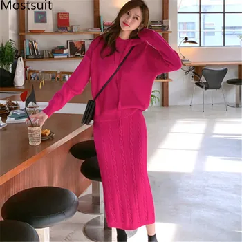 

2019 Winter Knitted 2 Piece Skirt Suits Women Hooded Sweater Tops + Twisted Knitted Long Skirt Suits Korean Fashion Female Sets