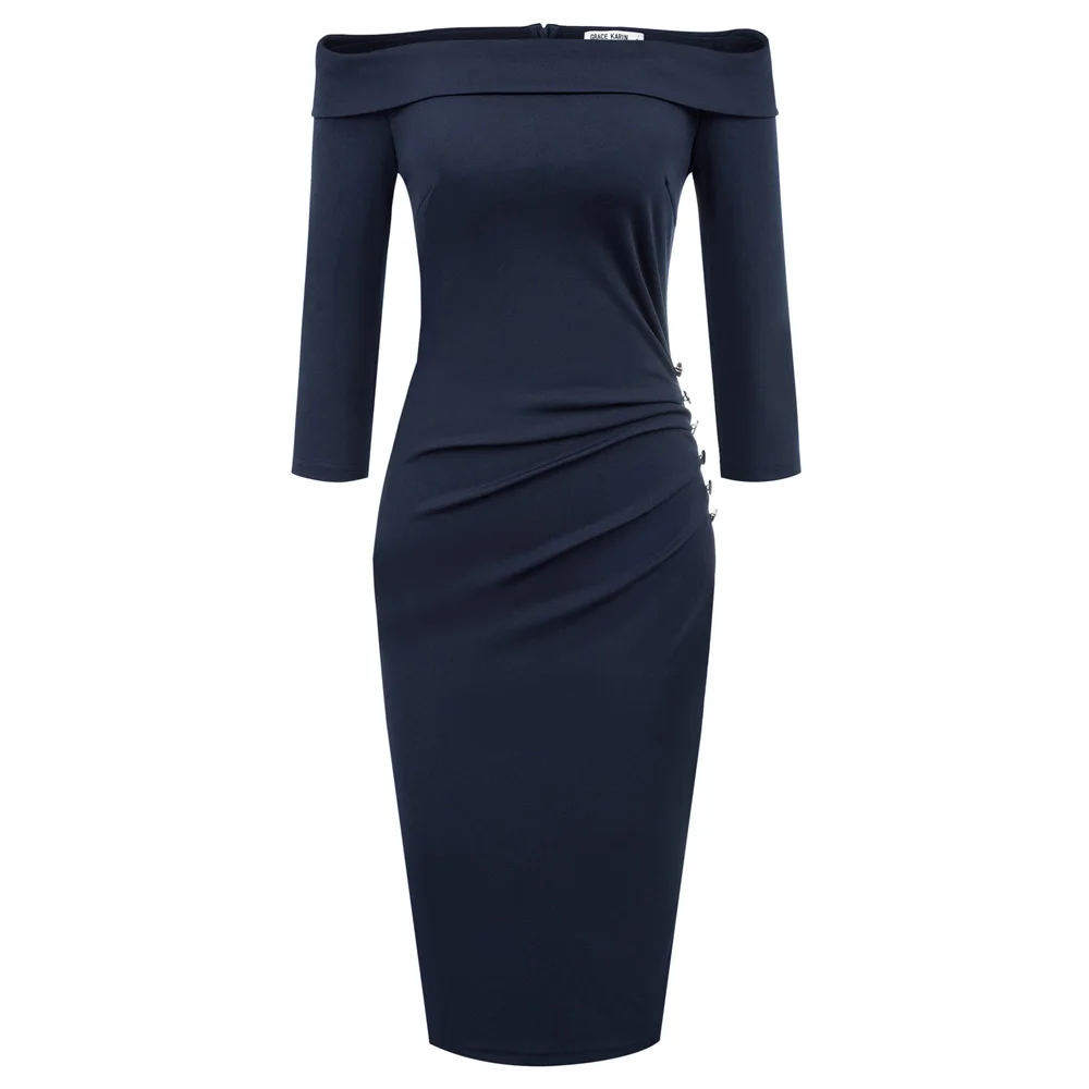 Navy Blue Kate Kasin Формальное вечернее платье-карандаш женская элегантная одежда для работы с открытыми плечами деловое офисное облегающее Платье облегающее бедра - Цвет: Navy Blue