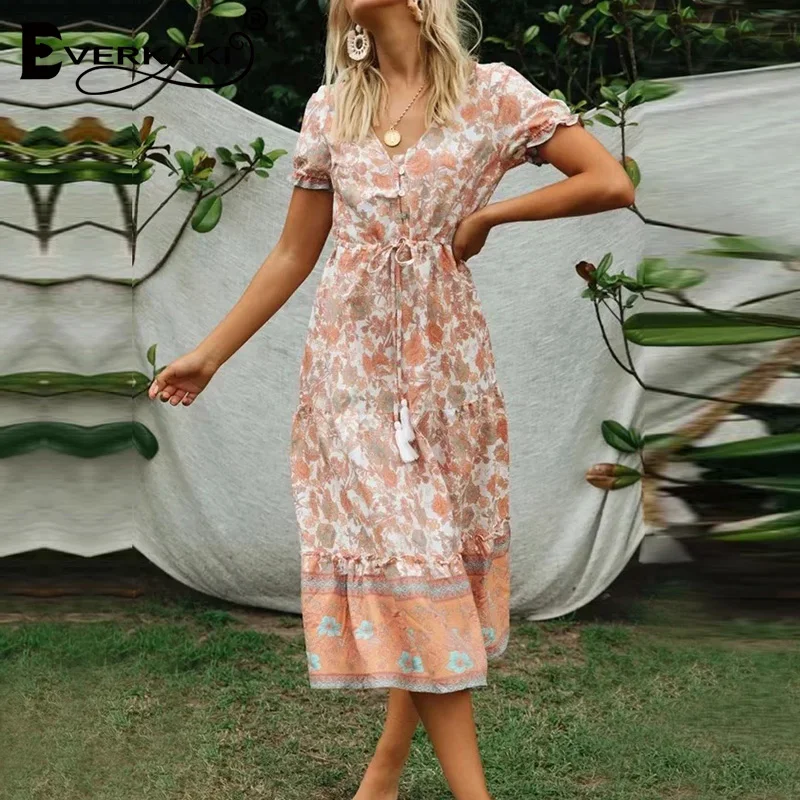 

Everkaki Boho Floral Print Women Long Dresses Tassels Sashes Summer Vestidos Gypsy Ladies Maxi Dress Chic Female 2020 Spring New