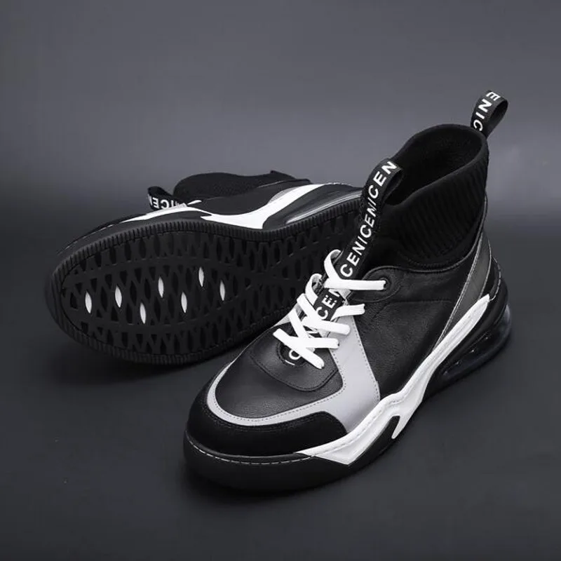 Personality Mixed Color Leather Patchwork Mens Outdoor Sport Shoes Lace Up Thick Bottom Increase Stretch High Top Casual Shoes - Цвет: black