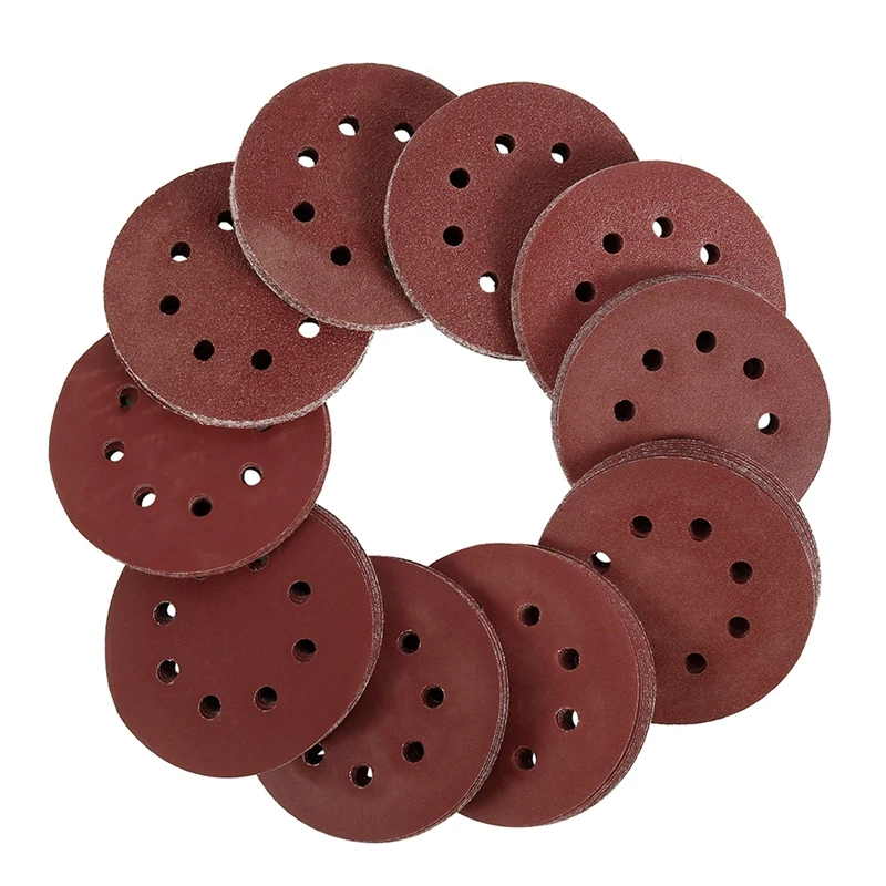 HHO-100Pcs, 5 дюймов, 125 мм, круглая наждачная бумага, восемь отверстий, диск, песочные листы, Зернистость 40-600, крюк и петля, шлифовальный диск, абразивные материалы для полировки