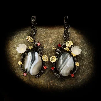 

Luxury and Elegant Plum Blossom Shape Irregular Natural Gemstone Earrings Women 925 Silver Earrings Drop Earring Vintage Earring