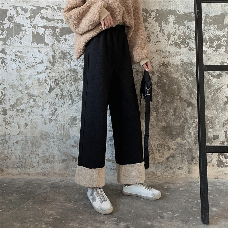 REALEFT Autumn Winter Woolen Warm Wide-legged Pants High Waist Loose Fashion Pants Korean Style Casual Long Trouser Ladies