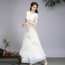Китайский костюм для женщин Весна и лето китайский стиль дзен платье женский китайский стиль Ретро Художественный пуговица Платье с принтом