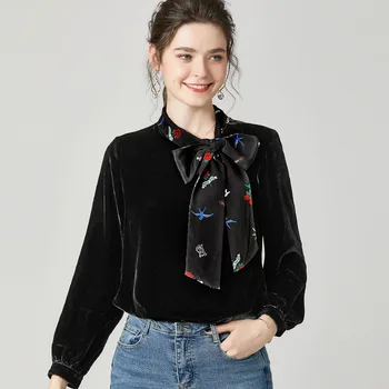 

Black Silk Blusas Ladies Tops Vintage Velour Shirts Long Sleeve Velvet Blouse Women Spring Long Sleeve Bow Loose Casual Clothes