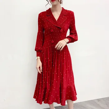 

Women Fashion Draped Dress Polka Dot Print Plus Size Elastic Slim Vintage Red Elegant Ladies Pleated Dress Work Wear Clothes