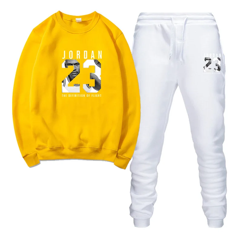 Yellow and white Осенне-зимние новые мужские спортивные костюмы, спортивные мужские комплекты одежды, Топы+ штаны, Мужская толстовка, мужской брендовый комплект с капюшоном - Цвет: Yellow and white