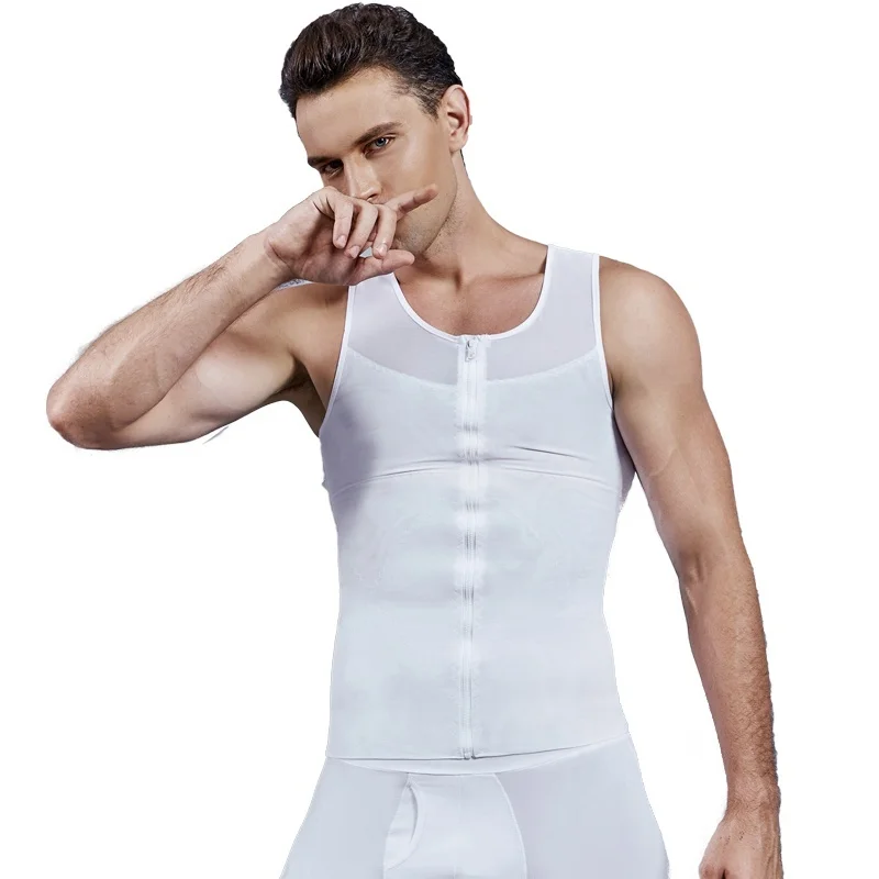 Мужской корректирующий корсет для похудения, компрессионные рубашки, коррекция талии, коррекция осанки, пот, жилет, корсет, мужской пояс для живота - Цвет: White Vest with zip