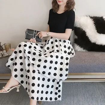 

Summer polka dot polka dot cake layered long chiffon skirt high elastic loose waist high layered ruffled A-line skirt