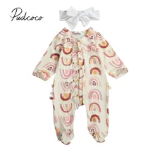 Весенне-осенняя одежда для малышей Одежда для новорожденных девочек одежда с длинными рукавами и принтом радуги комбинезон на молнии с оборками