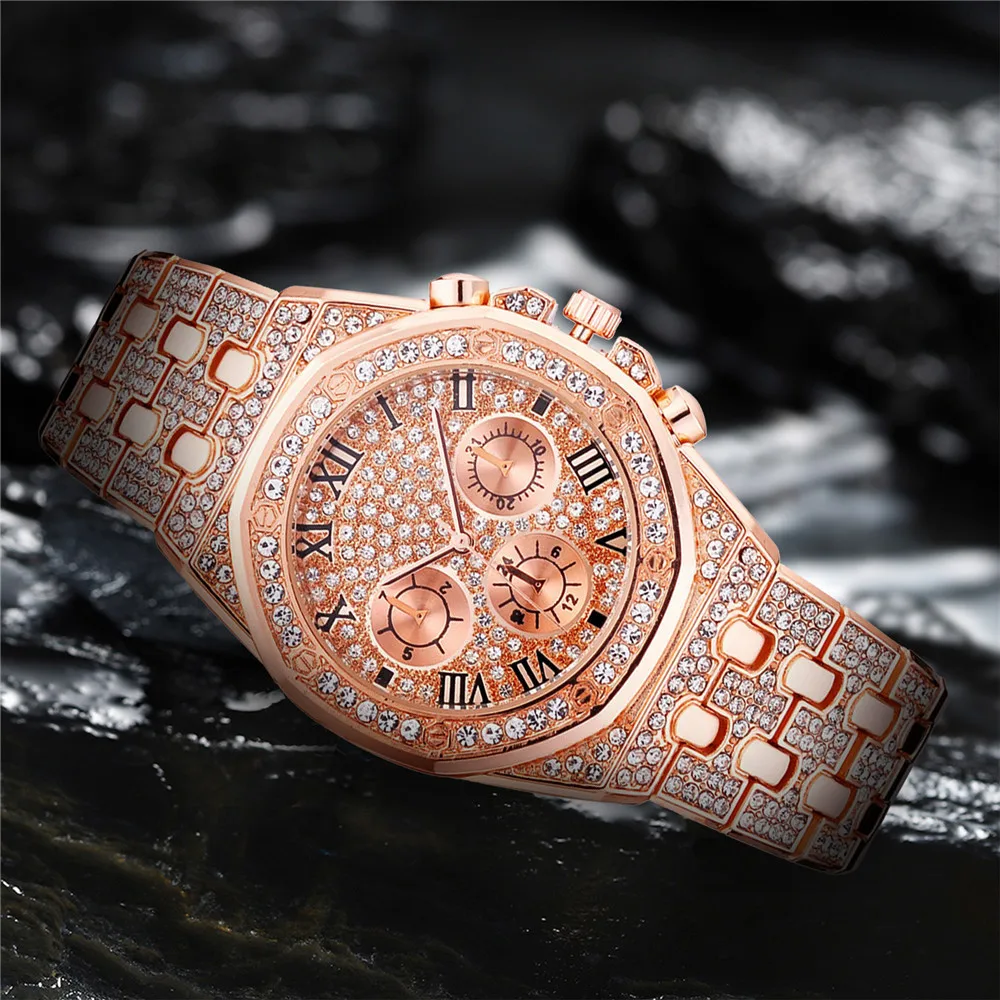 Men Iced Out Watches Luxury Full Diamond Gold Stainless Steel Quartz Wristwatches Clock Gift Relogio Masculino