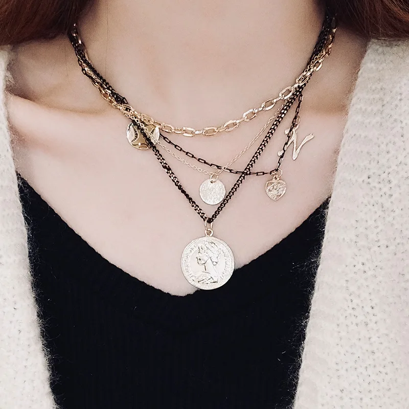 

Online Celebrity Style Cool Coin Pendant Multistory Necklace Europe And America Trendy Letters Coins Multilayer Long Necklace Wo