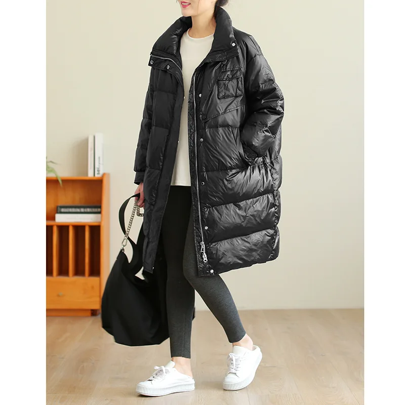 Glossy Mid-length White Duck Down Jacket Women's Loose and Versatile Warm Jacket for Winter 2021