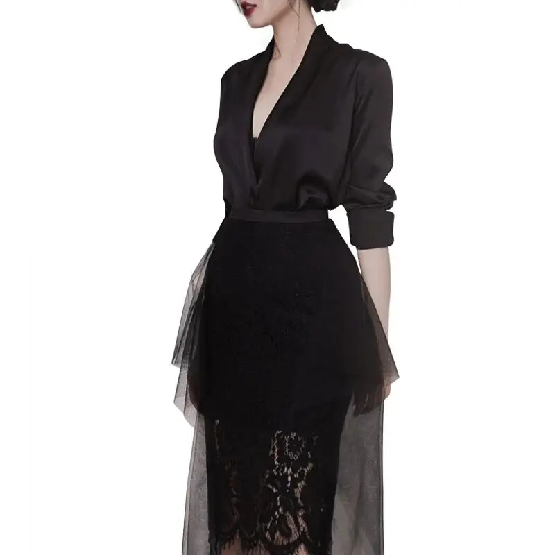 

Runway Women 2 Piece Set Dress Spring Black Sexy Deep V Neck Blazer Long Coat +Fashion Irregular Lace Patchwork Mesh Skirt Suits