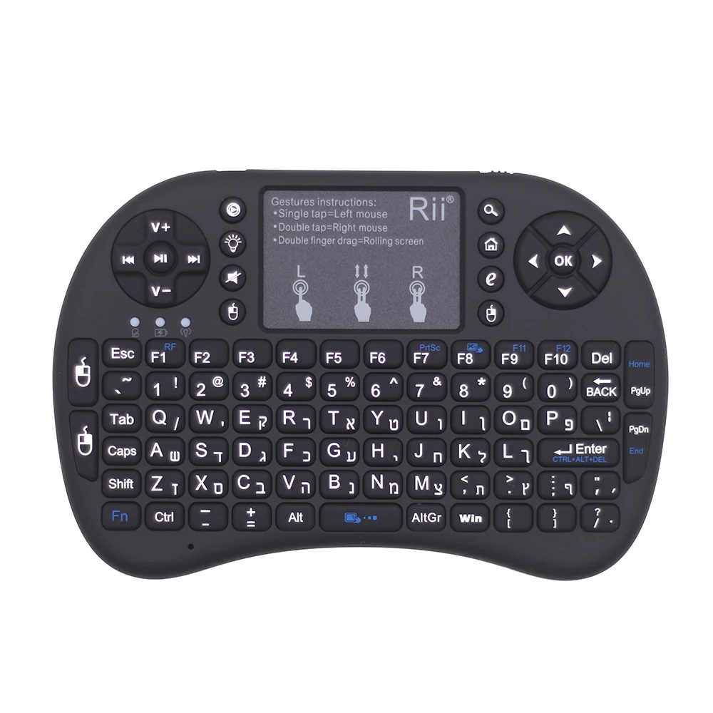 Rii i8+ с подсветкой Иврит Версия мини беспроводная клавиатура 2,4 ГГц воздушная мышь с тачпадом для Android tv Box Мини ПК медиаплеер