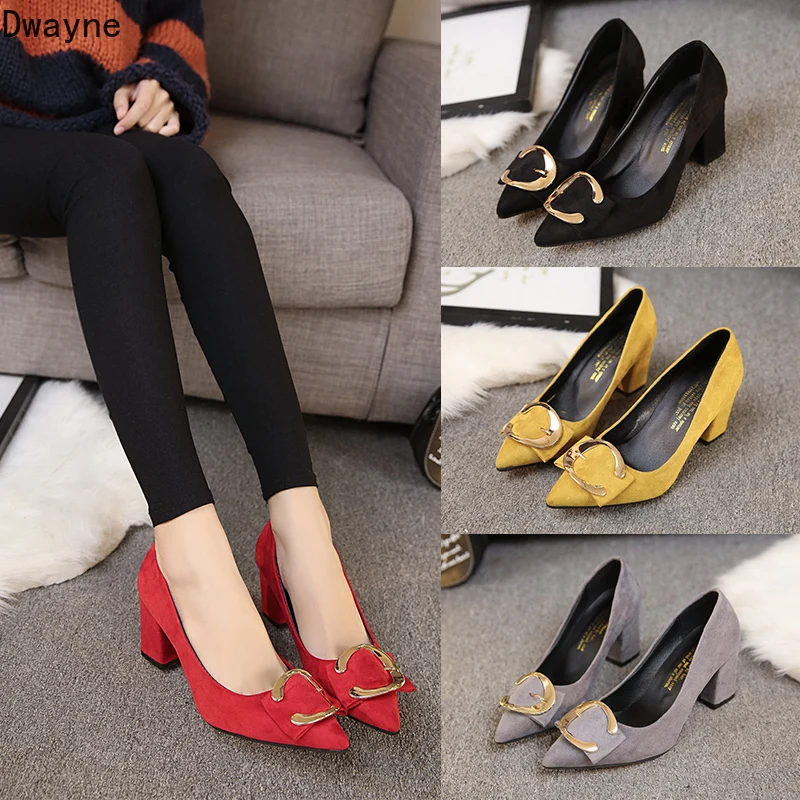 

New pointed square buckle shallow mouth shoes suede rough with small size with the shoes sexy red high-heeled shoes