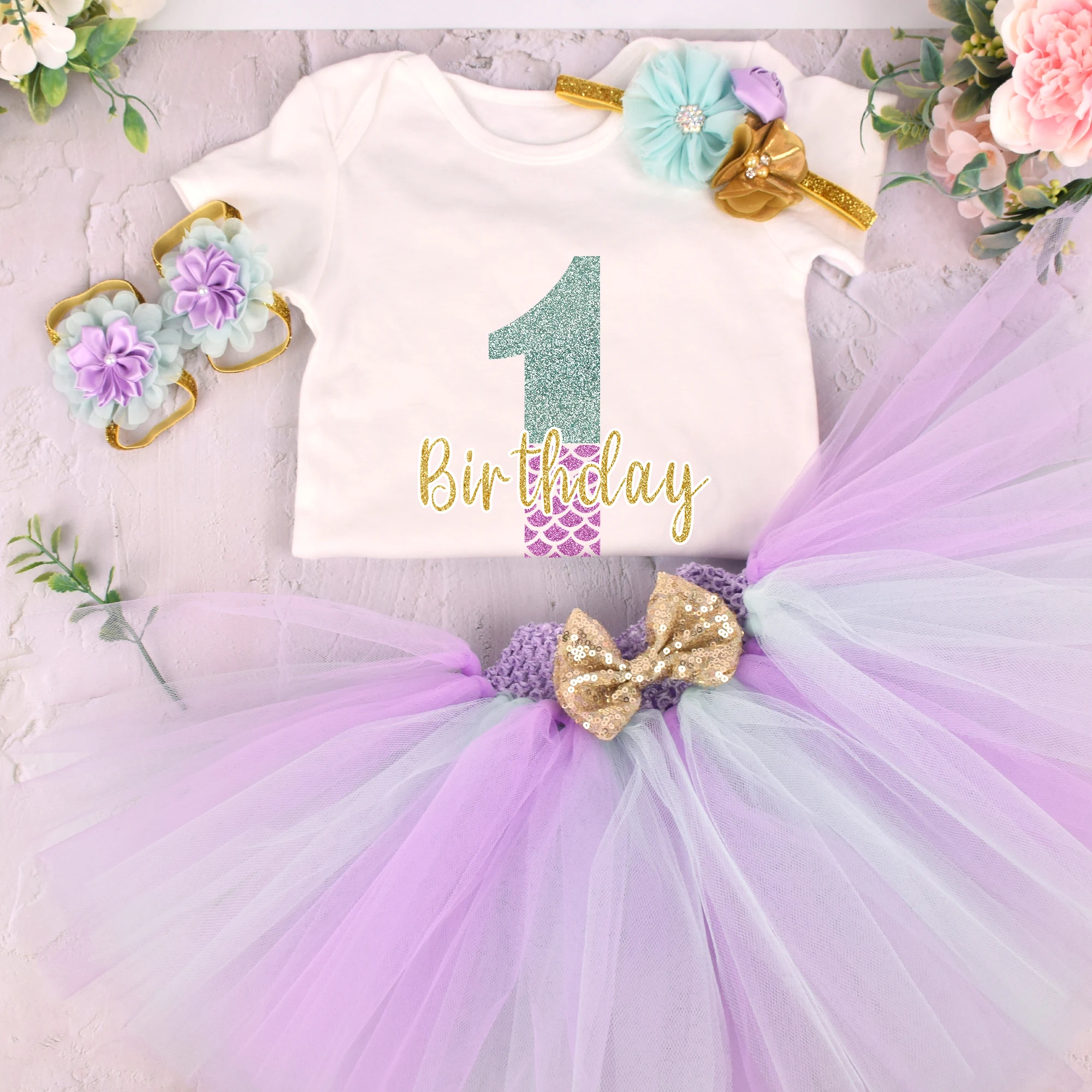 Baby Girl Pastel Mermaid 1 First Birthday Outfit Summer Baby Romper Clothes Tulle Mesh Party Tutu Skirt Set Under the Sea Party