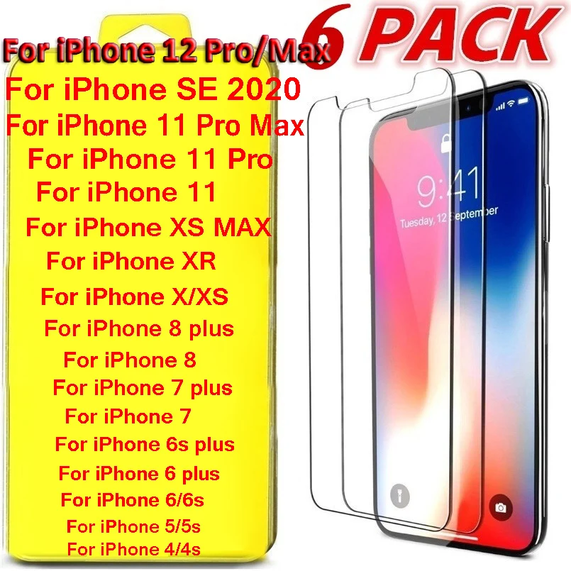 6 Pcs/pack Tempered Glass Screen Protector for Iphone X XS 11 Pro Max XR 6 7 8 Plus IPhone SE 2020 Protective Front Film afbeelding