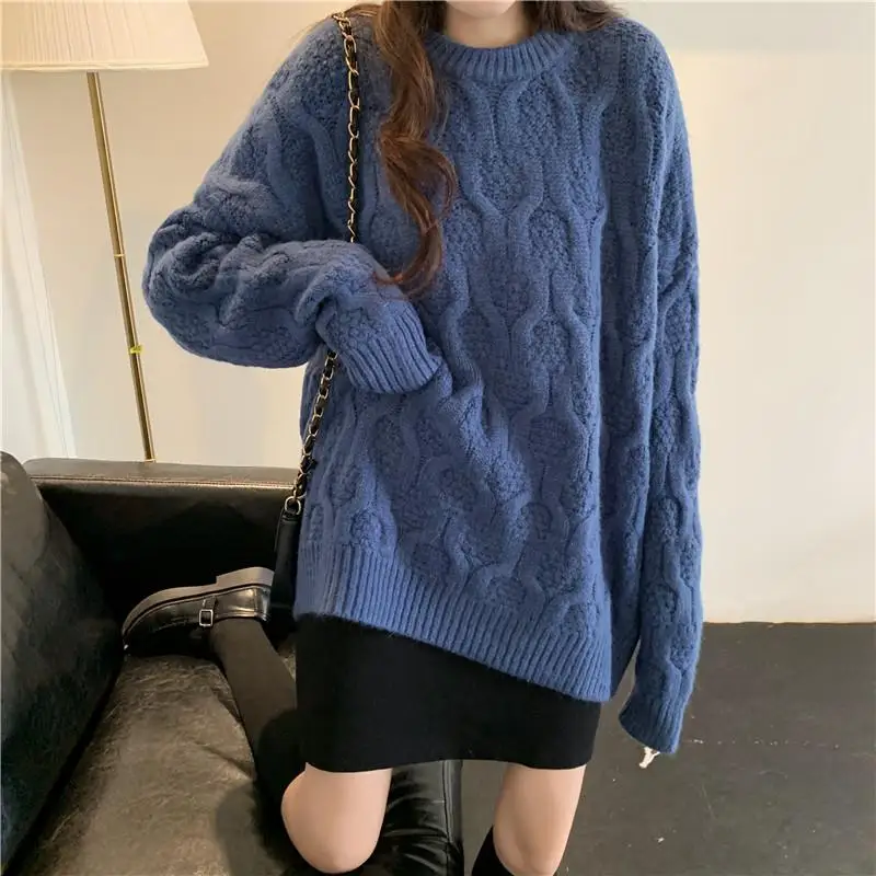 Женский свитер большого размера, однотонный Зимний вязаный свитер с круглым вырезом, женский Макси-пуловер, свитер с длинным рукавом, повседневные топы - Цвет: Синий