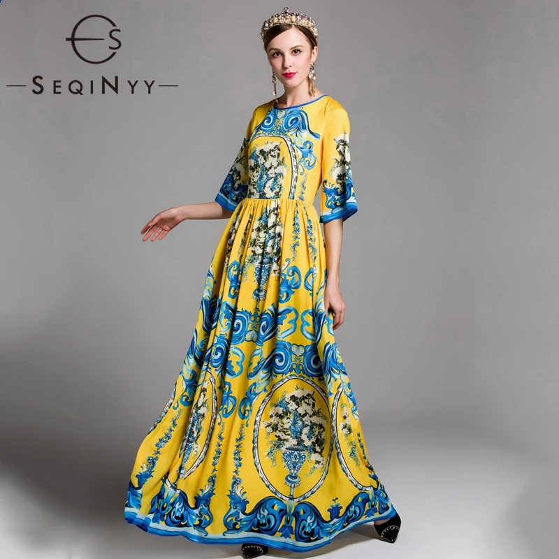 

SEQINYY Long Dress 2020 Spring Autumn New Fashion Design Women Half Flare Sleeve Flowers Printed Vintage Elegant Yellow Dress
